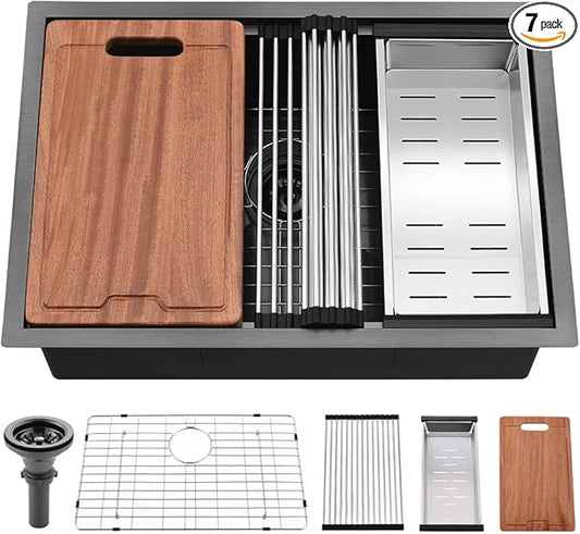 24 Inch Black Undermount Kitchen Sink Workstation-Bokaiya 24x19 Black Stainless Steel Kitchen Under Mount Sink 16 Gauge 10" Deep Single Bowl Kitchen Sinks with Cutting Board