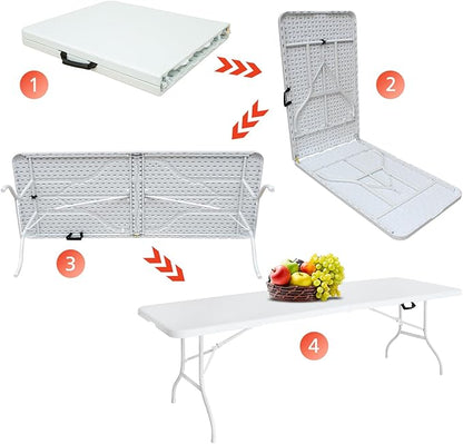 Portable 8Ft Plastic Folding Table, Heavy Duty 8ft Fold-in-Half Table with Carrying Handle, 8' Folding Utility Foldable Table for Picnic Party Camping Kitchen, Indoor/Outdoor (White)