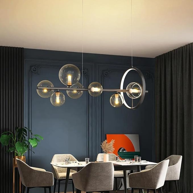Linear Kitchen Island Lighting, Dining Room Light Fixture Over Table, Large Industrial Black Pendant Lights Ceiling Hanging for Kitchen Living Room (Black, 7-Light)