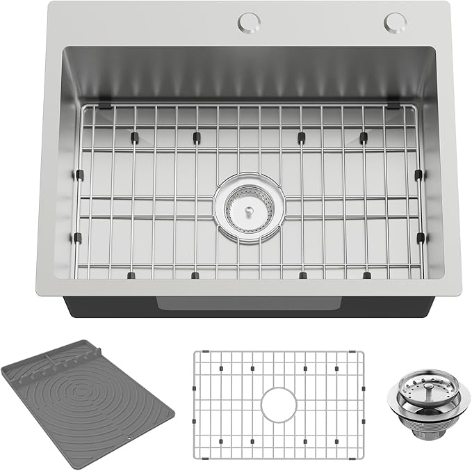 Kitchen Sink, 24x18 Inch Stainless Steel Drop In Topmount Kitchen And Bar Sink Stylish And Modern Look With Bottom Grid,Silicon Mat And Drain Assembly Add Elegance & Enhance Usability