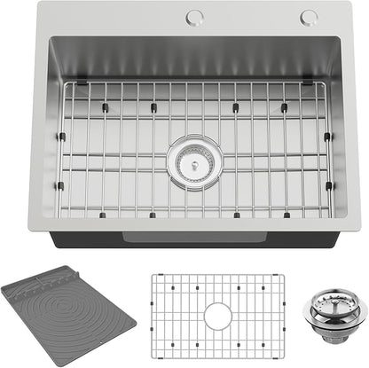 Kitchen Sink, 24x18 Inch Stainless Steel Drop In Topmount Kitchen And Bar Sink Stylish And Modern Look With Bottom Grid,Silicon Mat And Drain Assembly Add Elegance & Enhance Usability
