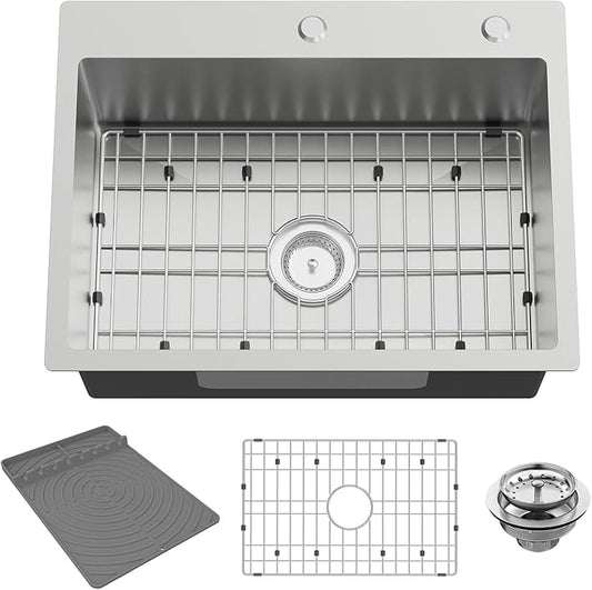 Kitchen Sink, 24x18 Inch Stainless Steel Drop In Topmount Kitchen And Bar Sink Stylish And Modern Look With Bottom Grid,Silicon Mat And Drain Assembly Add Elegance & Enhance Usability