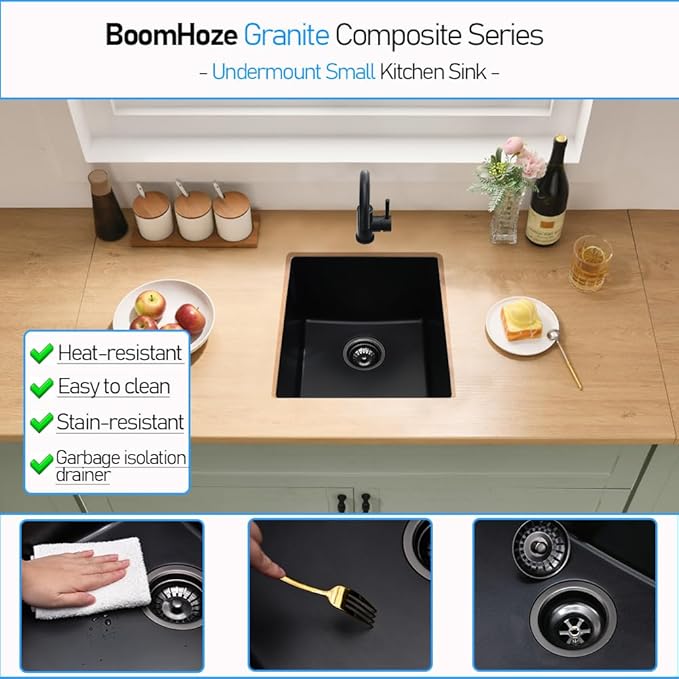 Black Undermount Bar Sink, 13 x 13 Inch Granite Composite Quartz Small Kitchen Sink Wet Bar Single Bowl Deep Basin with Countertop Squeegee Brush Combo