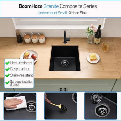 Black Undermount Bar Sink, 13 x 13 Inch Granite Composite Quartz Small Kitchen Sink Wet Bar Single Bowl Deep Basin with Countertop Squeegee Brush Combo