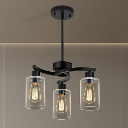 Sigaitwei 3-Light Modern Farmhouse Chandelier for Dining Room Light Fixtures，16.5" Black Kitchen Island Pendant Lighting, Adjustable Hanging Light for Dining Room with Clear Glass Shades
