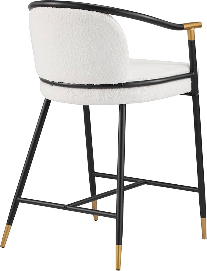 Set of 2 Upholstered Counter Stools - 26" Seat Height Beige Boucle Stools with Sturdy Iron Frame, Gold Trim+Black Base, Contemporary Design for Kitchen Island/Home Bar/Dining Area