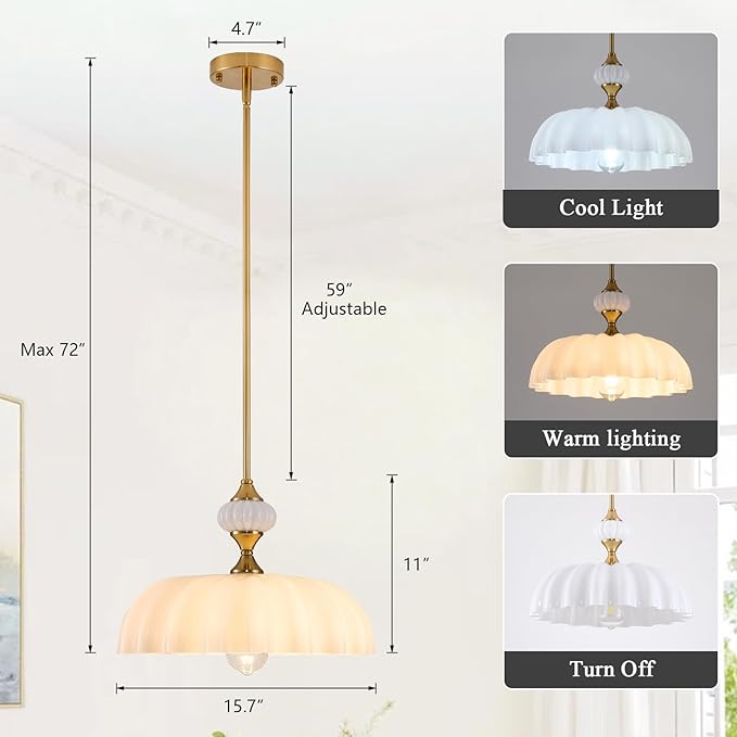 White Floral Chandelier Pendant Light, 15.7" Adjustable Farmhouse Kitchen Island Lighting, Vintage Glass Flower Ceiling Fixture for Dining Room, Bedroom, Hallway