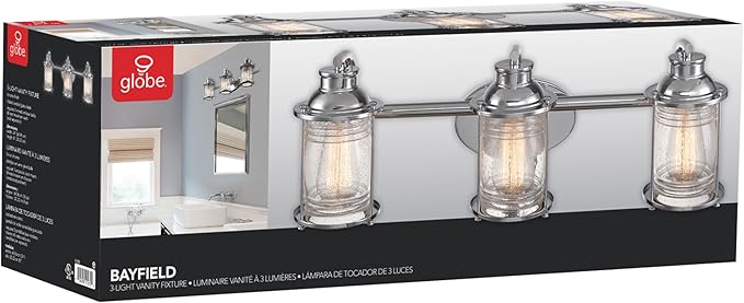 Globe Electric 51272 Bayfield 3-Light Vanity Light, Chrome, Ribbed Seeded Glass Shades, Bulb Not Included