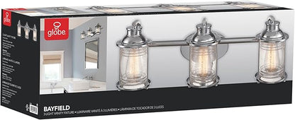 Globe Electric 51272 Bayfield 3-Light Vanity Light, Chrome, Ribbed Seeded Glass Shades, Bulb Not Included