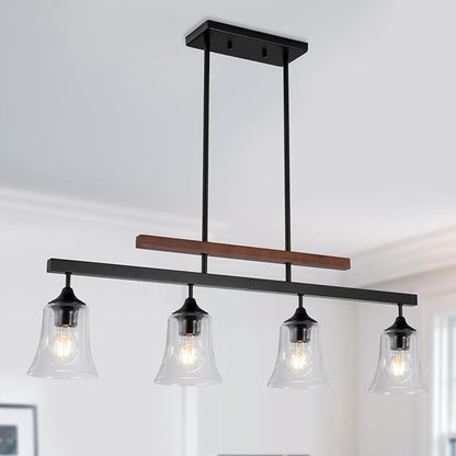 Dining Room Light Fixture 4-Light Kitchen Island Lighting Farmhouse Chandeliers for Dining Room Over Table Wood Chandelier with Glass Black Metal Pendant Light for Kitchen Island Lights