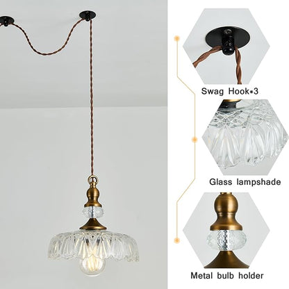 CVKASH Plug in Glass Pendant Light Fixture Brass Vintage Adjustable Chandelier Brushed Gold Hanging Ceiling Light for Farmhouse Hallway Bedroom Foyer Kitcken Dining Room Island