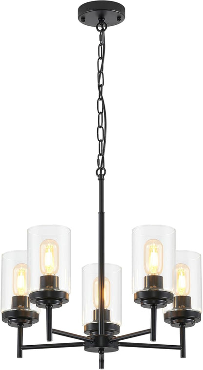 5-Light Farmhouse Glass Chandelier, Modern Black Chandelier for Dining Room Island Lights Industrial Hanging Foyer Lighting Fixtures Chandeliers for Entryway Kitchen Living Room Adjustable Height