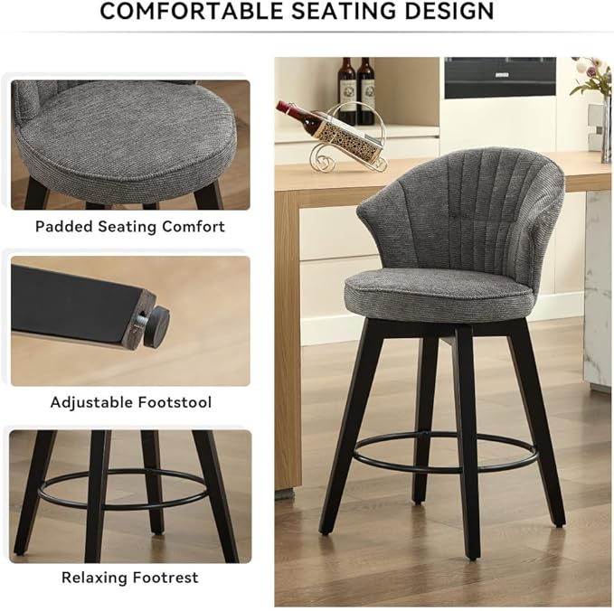 Set of 2 Counter Height Swivel Bar Stools, Chenille Upholstered Chairs with Wide Backrest for Bar, Kitchen Island, Dining Room, Dark Grey (Dark Grey + Chenille + Foam)