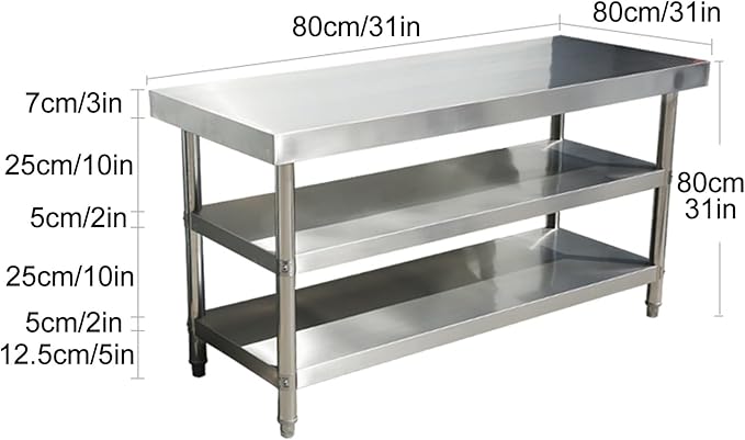 Stainless Steel Table Cooking Table, Kitchen Prep Station, Metal Work Table, Kitchen Island with 3 Shelves, for Home, Kitchen and Dining Room (Color : Thickened 80 * 80 * 80 three layers)