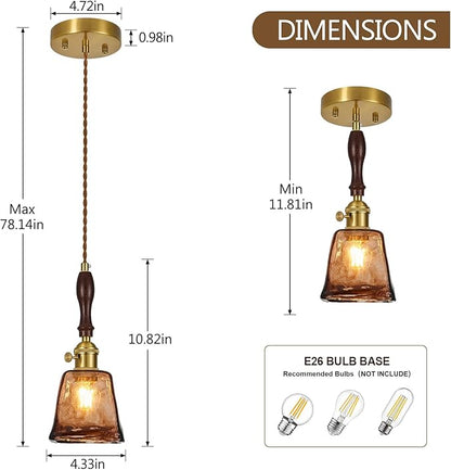 Amber Glass Vintage Pendant Light Height Adjustable Handmade Glass Pendant Lights Kitchen Island Gold Hanging Light Fixture with Wood Handle for Bedroom Dining Room Hotel (3 Pack)