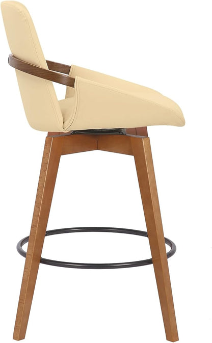 Armen Living Baylor Mid Century Modern Swivel Bar Stool for Kitchen Island Counter in Cream Faux Leather and Walnut Wood, 26" Seat Height
