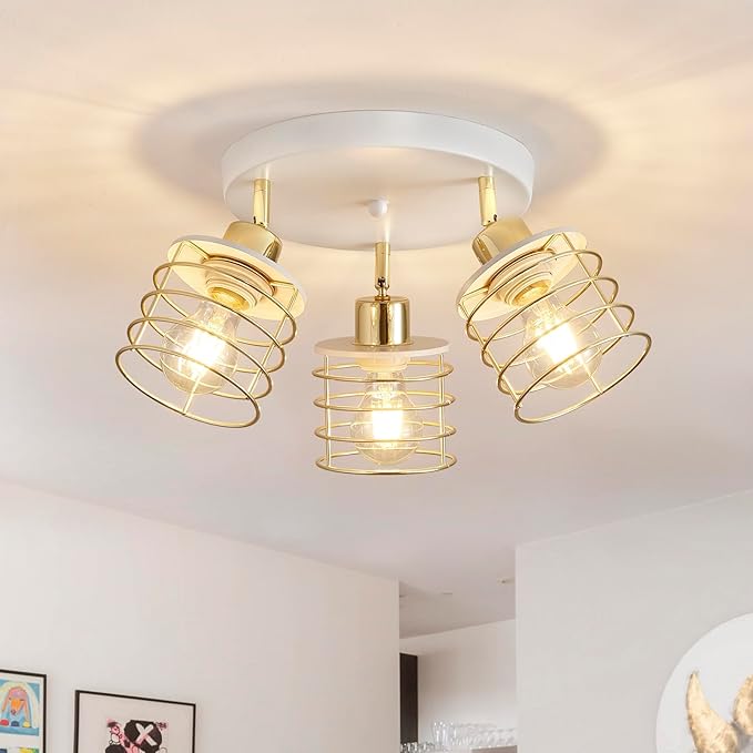 Semi Flush Mount 3-Light Kitchen Ceiling Fixture, Multi-Directional Lights for Kitchen, Farmhouse, Hallway, Dining Room, Entryway (White & Gold)