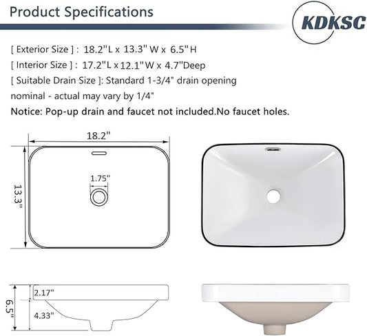Bathroom Vessel Sink 18.2'' x 13.3'' Small Semi Recessed Bathroom Sink Rectangular Drop In Sink with Overflow White with Black Trim Ceramic Modern Vessel Sinks for Bathroom