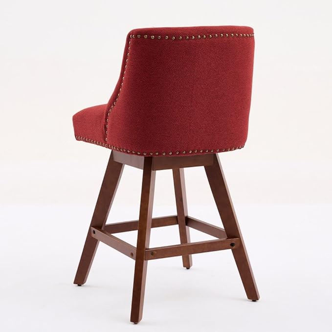Comfortable Upholstered Swivel Bar Stool with Wooden Legs and Soft Fabric Seat for Kitchen Island or Home Bar Use (Wine RED + Wood+Fabric + Foam)