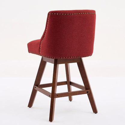 Comfortable Upholstered Swivel Bar Stool with Wooden Legs and Soft Fabric Seat for Kitchen Island or Home Bar Use (Wine RED + Wood+Fabric + Foam)