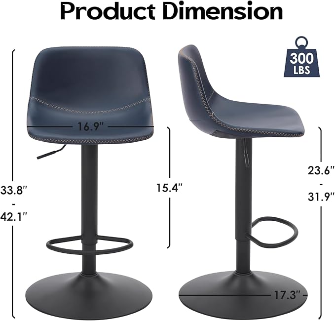 Adjustable Bar Stools Set of 2, Swivel Bar Stools, Bar Height Stools with Back Support Counter Height Bar Chairs Pu Leather Bar Stool for Kitchen Island Rustic Bar stools