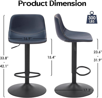 Adjustable Bar Stools Set of 2, Swivel Bar Stools, Bar Height Stools with Back Support Counter Height Bar Chairs Pu Leather Bar Stool for Kitchen Island Rustic Bar stools