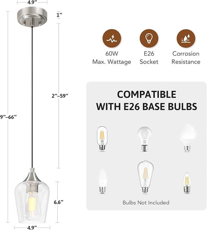VONLUCE Pendant Lights Kitchen Island, Brushed Nickel Pendant Lighting for Kitchen Island with Hanging Cord for Bedroom & Hallway, Kitchen Island Lighting with Clear Glass Shade