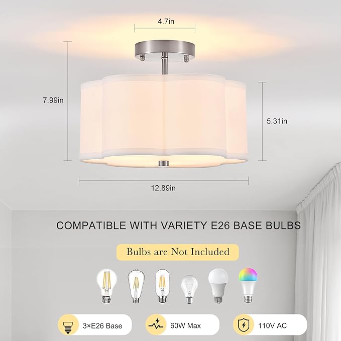 Modern Drum Semi Flush Mount Ceiling Light Fixture Modern 3-Lights Linen Drum Ceiling Lighting with Chrome Finish, Vintage Modern Ceiling Light for Laundry Room, Kitchen, Basement, Bedroom