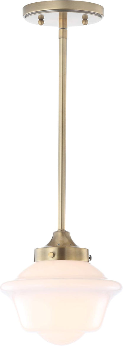 JONATHAN Y 9.5" Brass Gold/White Modern Schoolhouse LED Pendant Light Fixture, Adjustable Drop Metal Hanging Lamp with White Glass Shade for Kitchen Island, Dining Room, Foyer (JYL3517A)