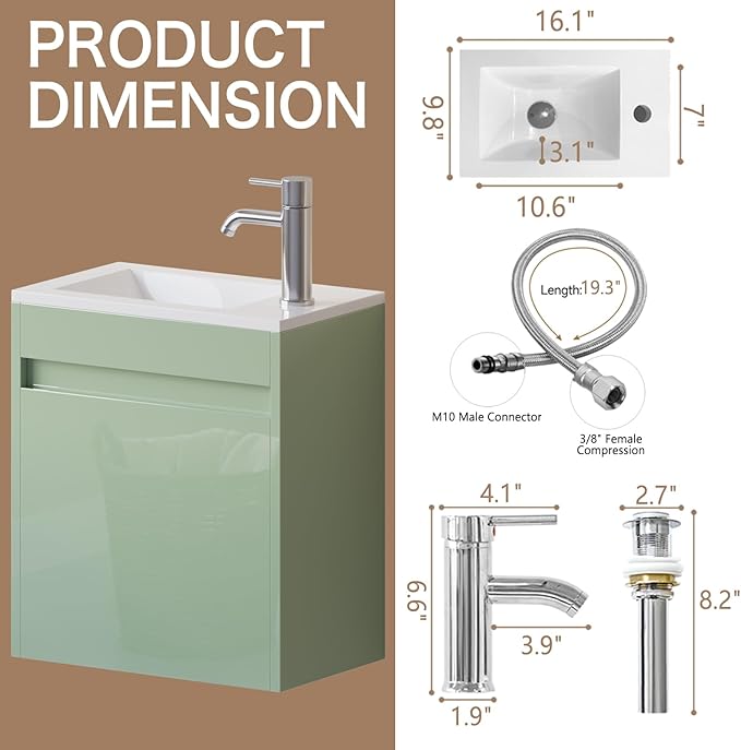 wonline 16" Floating Bathroom Vanity with Sink, Wall Mounted Resin Basin Cabinet Combo for Small Bathrooms, High Gloss Green, Includes Chrome Faucet & Pop Up Drain