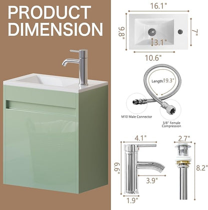 wonline 16" Floating Bathroom Vanity with Sink, Wall Mounted Resin Basin Cabinet Combo for Small Bathrooms, High Gloss Green, Includes Chrome Faucet & Pop Up Drain