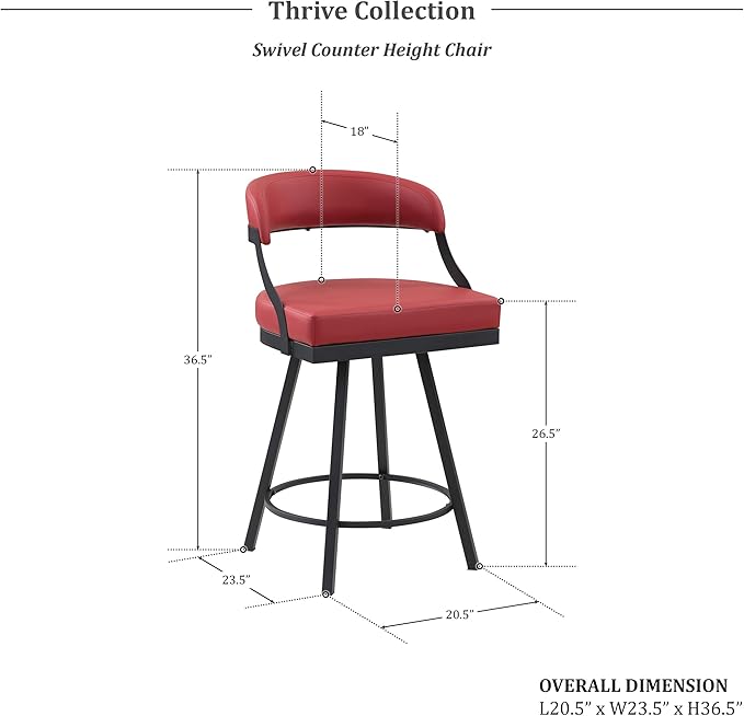 Lexicon Swivel Counter Height Stools Set of 2 - Counter Height Stools for Kitchen Island, Padded Seat, Open Back, Sturdy Black Metal Frame Finish and Red Faux Leather Cushion Seat, Red