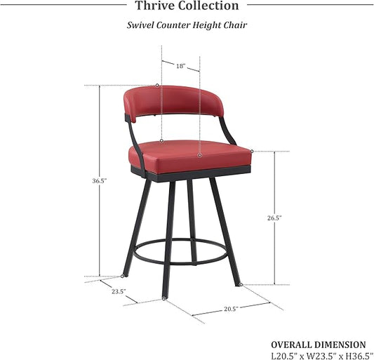 Lexicon Swivel Counter Height Stools Set of 2 - Counter Height Stools for Kitchen Island, Padded Seat, Open Back, Sturdy Black Metal Frame Finish and Red Faux Leather Cushion Seat, Red