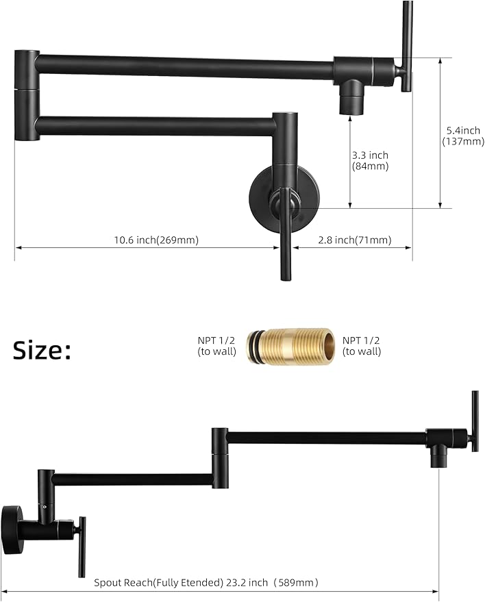 Fransiton Matte Black Pot Filler, Pot Filler Faucet Wall Mount, Brass Folding Stretchable with Double Joint Swing Arm Single Hole Two Handles Kitchen