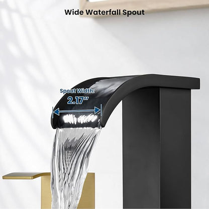 gotonovo Waterfall 8 inch Widespread Bathroom Faucet Set Bathroom Sink Faucet 3 Hole 2 Handle Vanity Lavatory Deck Mount with Pop Up Drain and Water Supply Lines Square Body Brushed Gold and Black