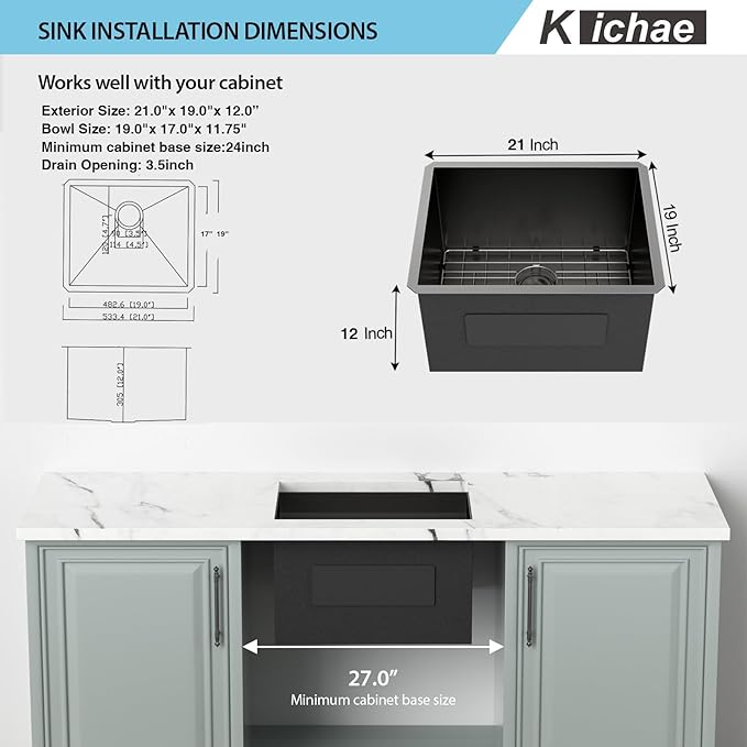 Kichae 12" Deep Laundry Sink Undermount - 21 x 19 Inch Black Undermount Utility Sink Stainless Steel Single Bowl Under Counter Handmade Laundry Utility Room Basin