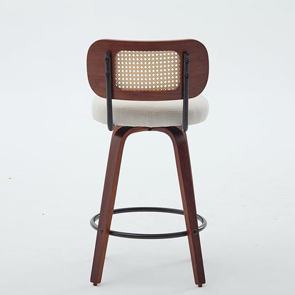 Set of 2 26 Inch Counter Height Bar Stools Walnut Black, Cane Rattan Back, Beige Linen Upholstered Seat, Swivel for Kitchen Island,Bar,Counter,SW1766BG