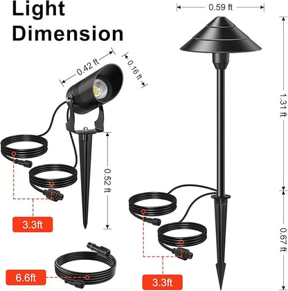 Low Voltage Landscape Lighting, 14-Pack Aluminum Path Lights with 72W Controller, 12 Pathway Lights+2 Spotlights, 140FT, 3000K, IP65 Waterproof, Timer & Remote, Plug and Play, 3-Year Warranty