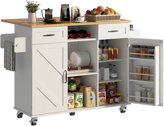 knoworld 51.5'' Rolling Kitchen Island with Storage Cabinet & Drawers, Drop Leaf Kitchen Cart on Wheels, Farmhouse Portable Mobile Islands, Large Butcher Block Table with Tower/Spice Rack, White