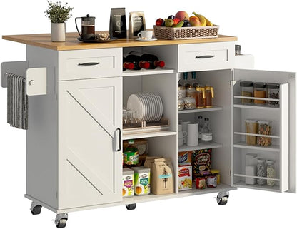knoworld 51.5'' Rolling Kitchen Island with Storage Cabinet & Drawers, Drop Leaf Kitchen Cart on Wheels, Farmhouse Portable Mobile Islands, Large Butcher Block Table with Tower/Spice Rack, White