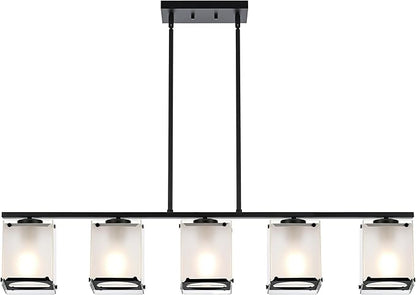 5-Light Blcak Chandeliers for Dining Room, Modern Kitchen Island Lighting with Frosted Glass Shade Linear Pendant Lighting for Dining Table Kitchen Island, Adjustable Height