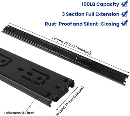 LONTAN Full Extension Ball Bearing Drawer Slides 8 10 12 14 16 18 20 22 24 Inch Heavy Duty Side Mount File Cabinet Rails Dresser Runner Kitchen Cabinet Drawer Glides,22 Inch,2 Pairs,Black