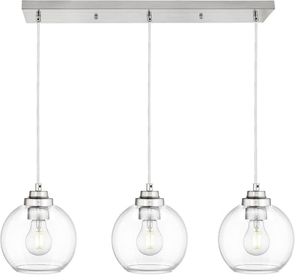 3-Light Globe Island Light, Linear Chandelier with Brushed Nickel Finish, Clear Glass Pendant Light Fixture for Dining Room Kitchen Island Living Room Pool Table, ZCPL101BN-3S