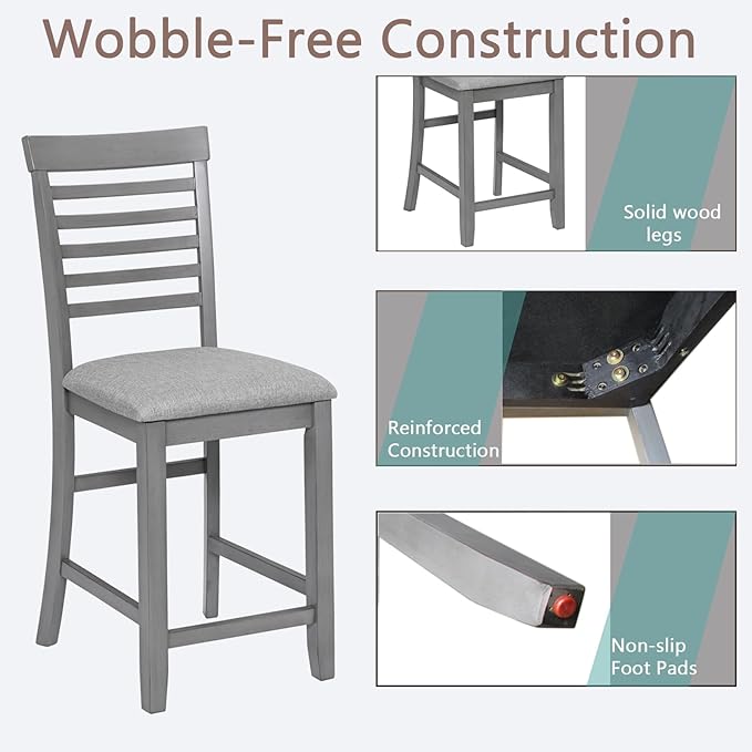 Set of 4 Dining Chairs, Wooden Kitchen Chairs with Padded Cushion, Upholstered Stools for Kitchen Island, Dining Room, Living Room, Easy Assembly (Gray - Ladder backrest)