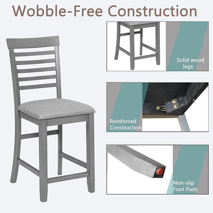 Set of 4 Dining Chairs, Wooden Kitchen Chairs with Padded Cushion, Upholstered Stools for Kitchen Island, Dining Room, Living Room, Easy Assembly (Gray - Ladder backrest)