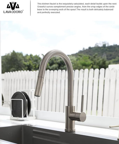 Lava Odoro Brushed Nickel Kitchen Faucet with Pull Down Sprayer, Modern Kitchen Sink Faucet Single Hole Faucet for Kitchen Sink with 2-Function Spray Head, KF1120-BN