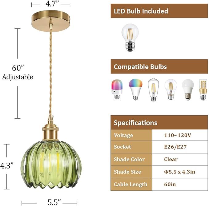 Mini Flower Glass Pendant Light Adjustable Hanging Lamp, Green Pendant Lights Kitchen Island Dining Room Hallway Bedroom Living Room, LED Bulb Included