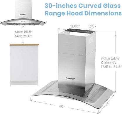 COMFEE' CVG30W8AST 30 Inches Ducted Wall Mount Vent Range Hood with 450 CFM 3 Speed Exhaust Fan, Baffle Filters, Curved Glass, 2 LED Lights, Convertible to Ductless, Stainless Steel