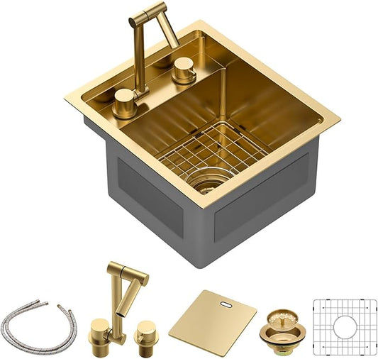 Sarlai Outdoor Sink, 15x17 Inch Gold Undermount Kitchen Sink Workstation with Foldable Faucet Bar Prep Single Bowl Gold Kitchen Sinks16 Gauge Stainless Steel BBQ Sinks with Cover 15"x17"x9“