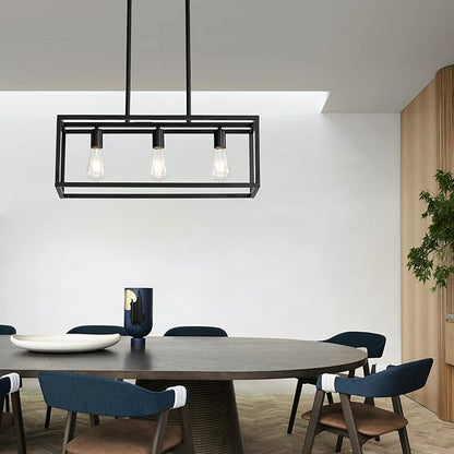 Black Kitchen Island Lighting, Modern Linear Cage Retangular Chandelier, 3 Lights Industrial Metal Hanging Light Fixture for Farmhouse Kitchen Dining Room Bar Foyer